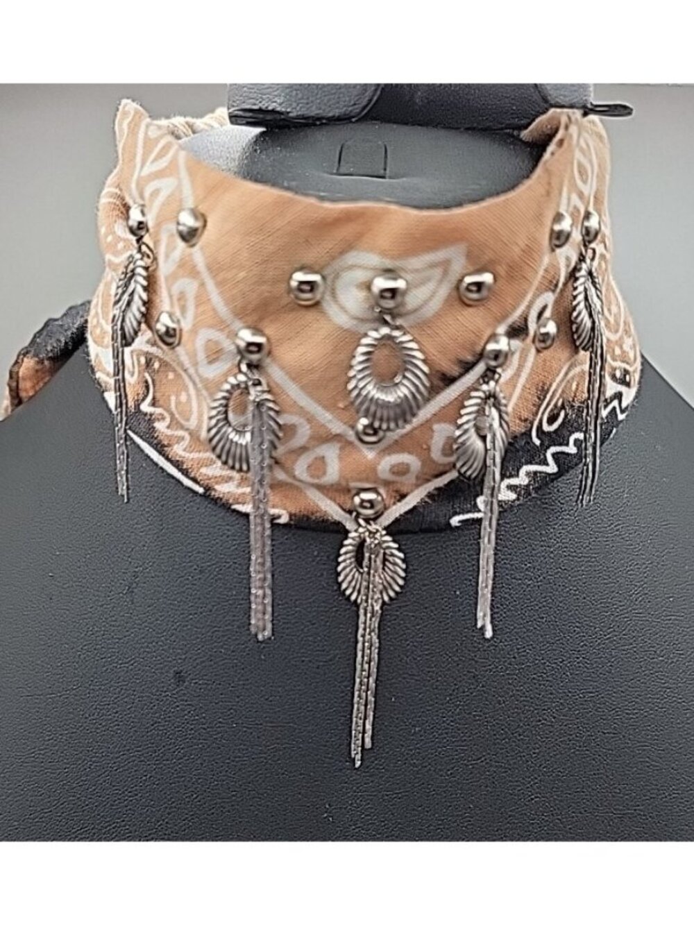 Dannijo Bandana Necklace Black Brown Print Silver Studs Fringe Boho Festival - Picture 1 of 13